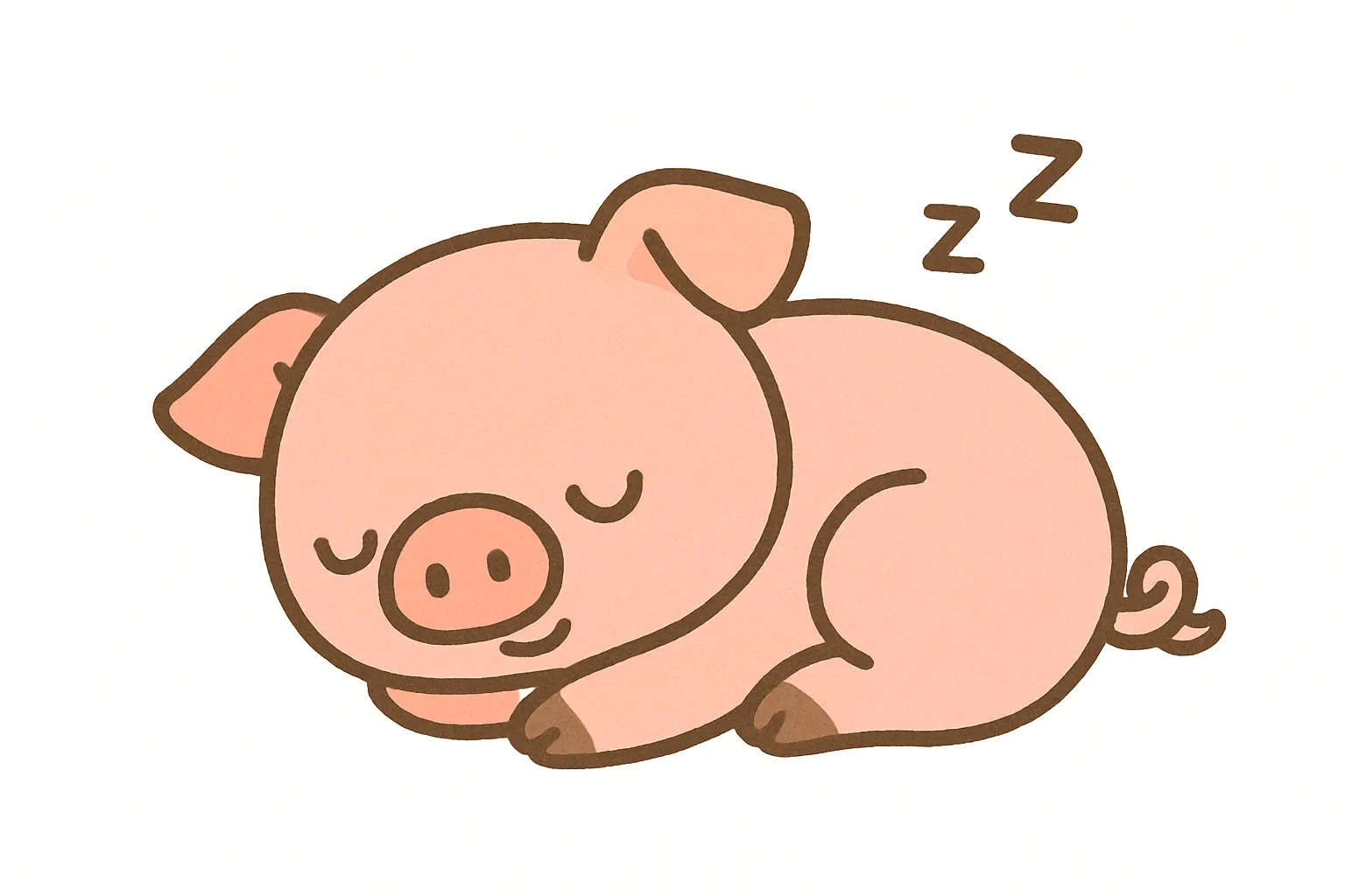 かわいい居眠りのぶたのイラスト｜ピンクのボディとくるんとしたしっぽが印象的なぶたが心地よさそうに眠っている様子が描かれ、ほんのり笑顔の表情にほっこり。丸みのあるフォルムが魅力的です。