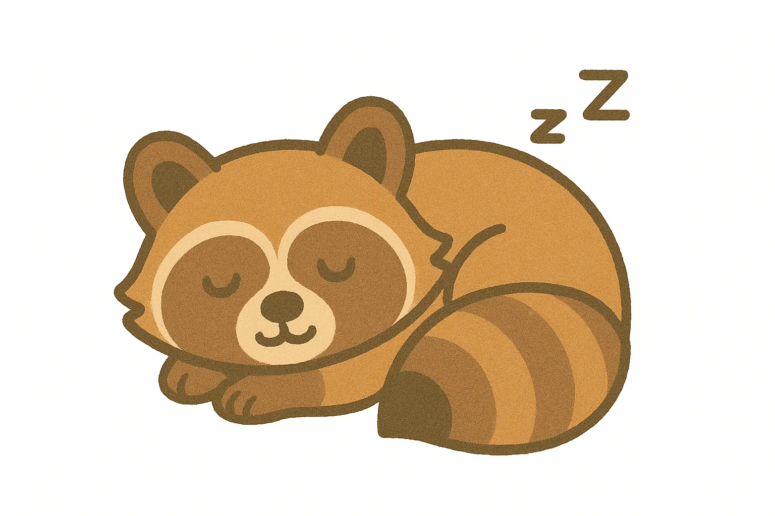 かわいい居眠りのたぬき｜ころんと丸まったたぬきが、しっぽを枕にして安らかに眠る姿が癒しを与える一枚。柔らかい茶色のグラデーションと、まあるい目元がほっとする可愛さを演出しています。