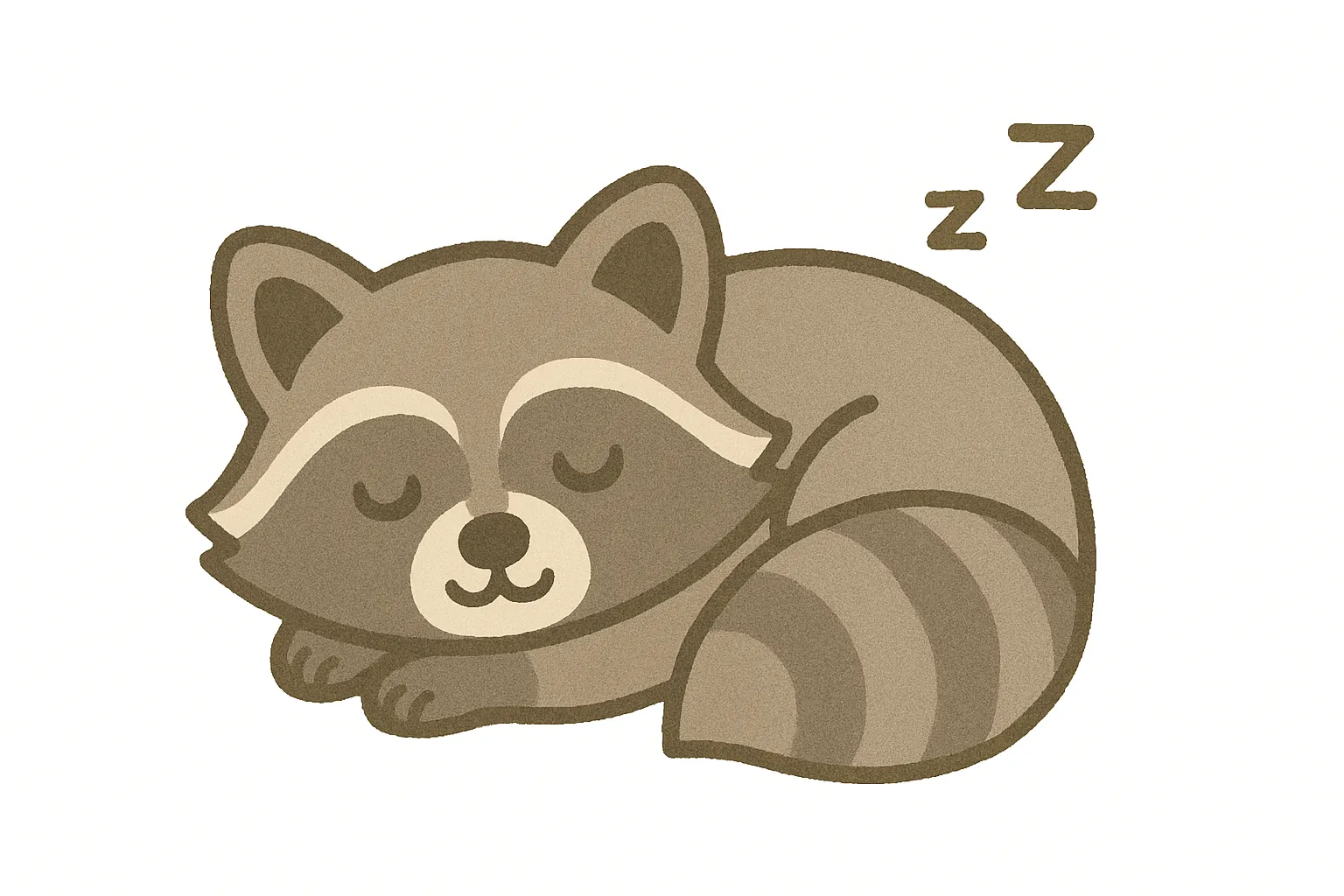 かわいい居眠りのアライグマ｜特徴的なアイマスク模様が印象的なアライグマが、しっぽをくるんと巻いて夢見心地。落ち着いた色調で仕上げられ、リラックスした雰囲気を醸し出します。