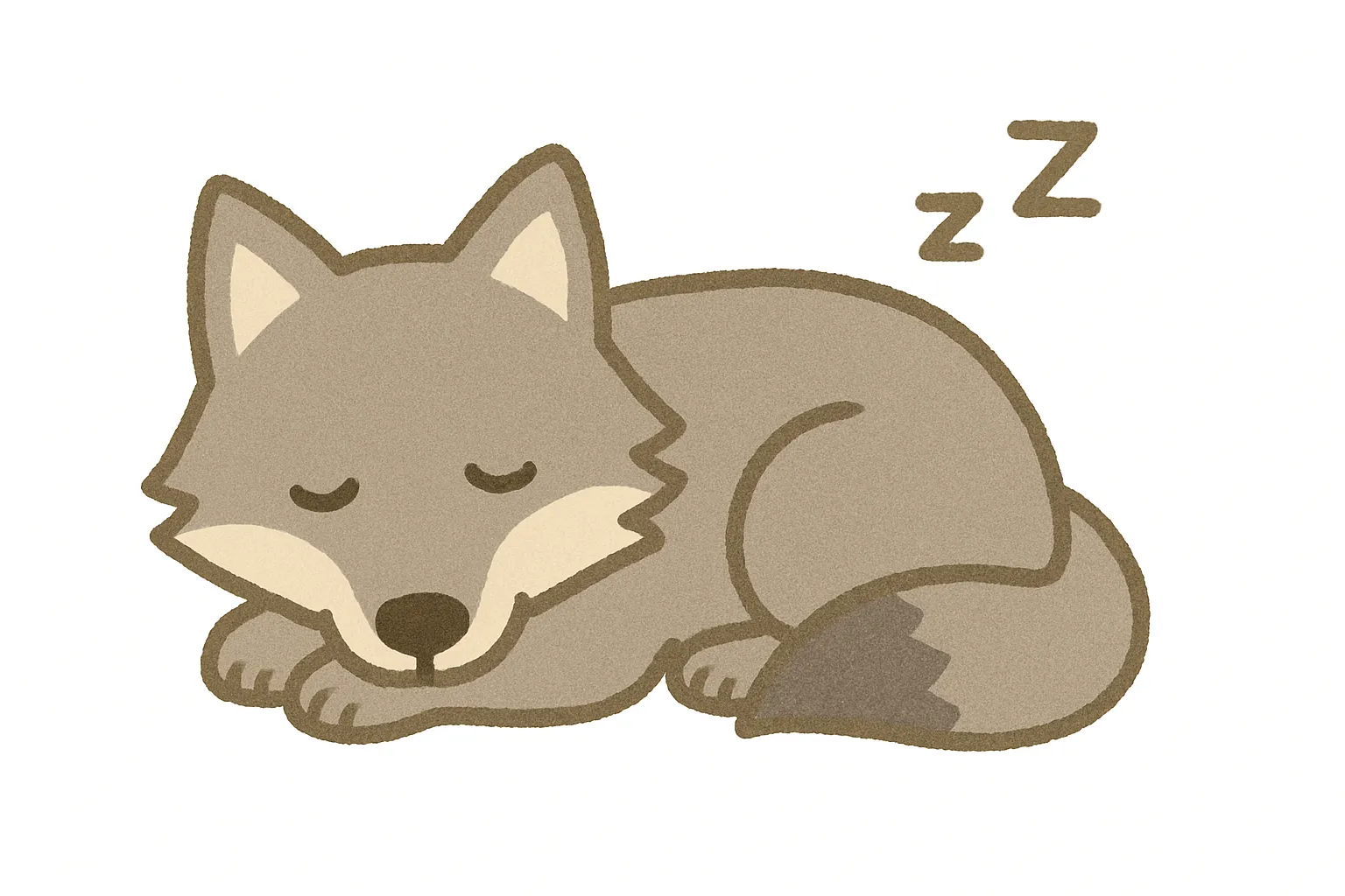 かわいい居眠りのオオカミ｜クールな印象のオオカミも、すやすやと寝息を立てて眠る姿がなんとも愛らしい。ナチュラルなグレーのトーンで、優しく穏やかな印象に包まれています。