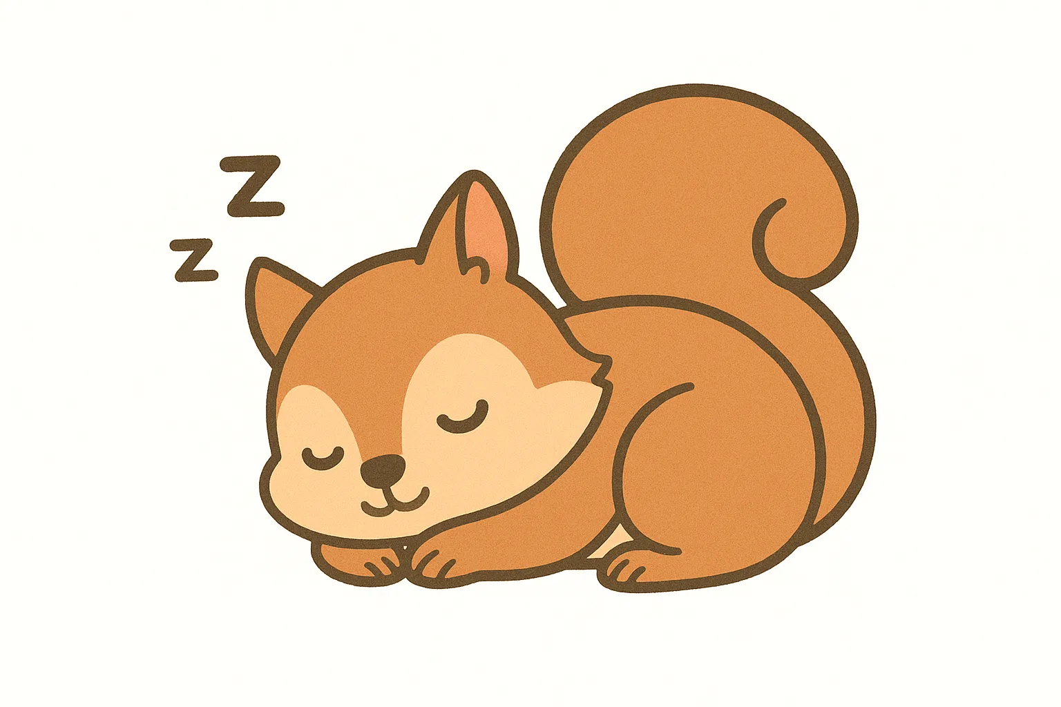 かわいい居眠りのリス｜ふさふさの大きなしっぽを体に巻きつけて眠るリスの姿が、秋の森の静けさを思わせるような温もりある印象。くりっとした顔立ちと柔らかな曲線が優しい雰囲気を演出。