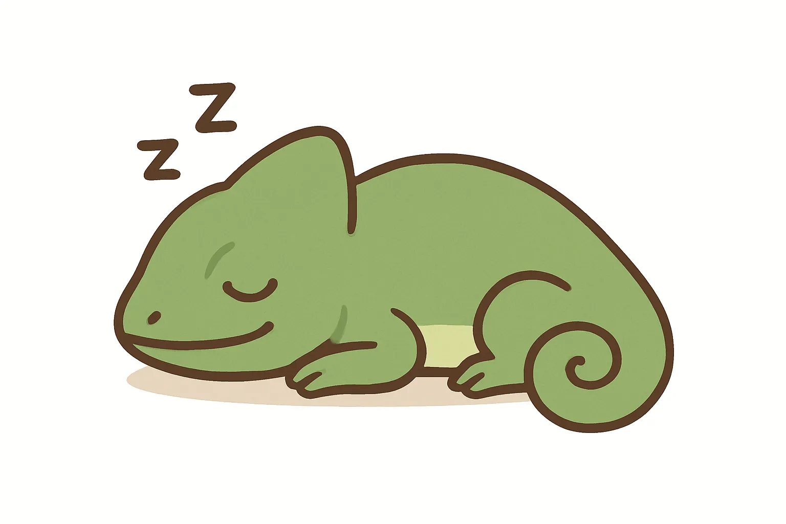 かわいい居眠りのカメレオン｜巻いたしっぽと軽やかな体のラインがユーモラスなカメレオンの眠り姿。鮮やかな緑色が個性を引き立てつつ、閉じた目や口元の微笑で、穏やかで静かな雰囲気を表現しています。