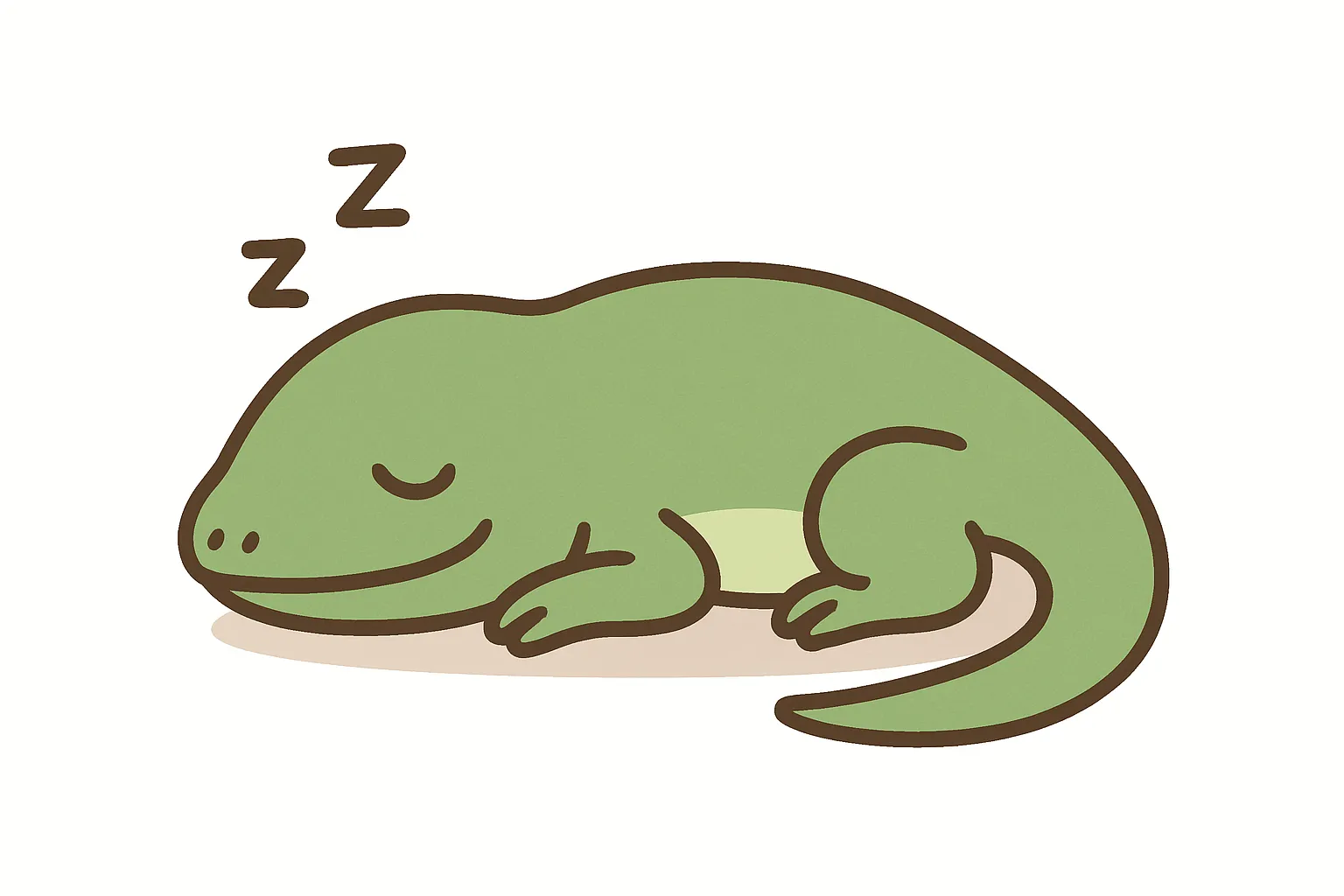 かわいい居眠りのトカゲ｜丸みのある体と穏やかな表情が印象的なトカゲの寝姿イラスト。くるんとしたしっぽとやわらかな色合いが、安心感と癒しを感じさせてくれます。