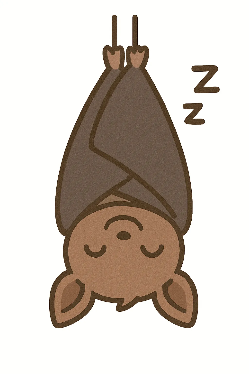 かわいい居眠りのコウモリ｜さかさまにぶら下がって眠る姿がユニークなコウモリ。やさしいタッチとまるいフォルムで、夜行性の動物にも親しみを感じるデザインです。