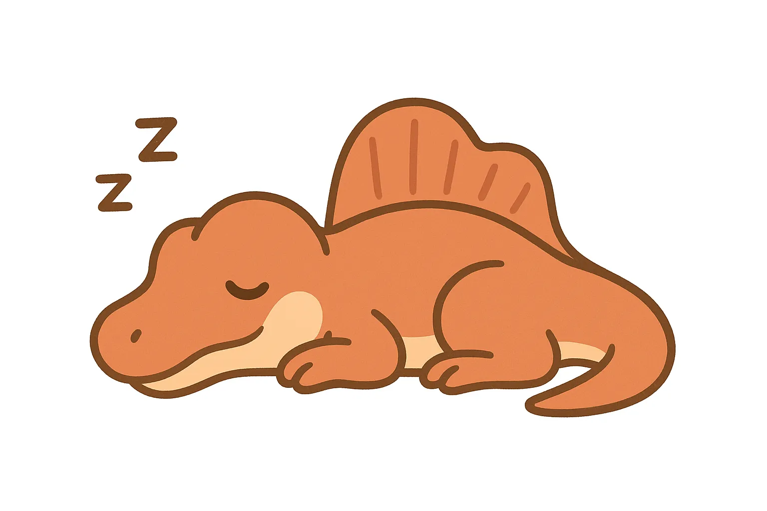 かわいい居眠りのスピノサウルス｜背びれのシルエットが印象的なスピノサウルス。デフォルメでやさしい印象に仕上げ、冒険心と癒しの両方を感じさせる一枚です。