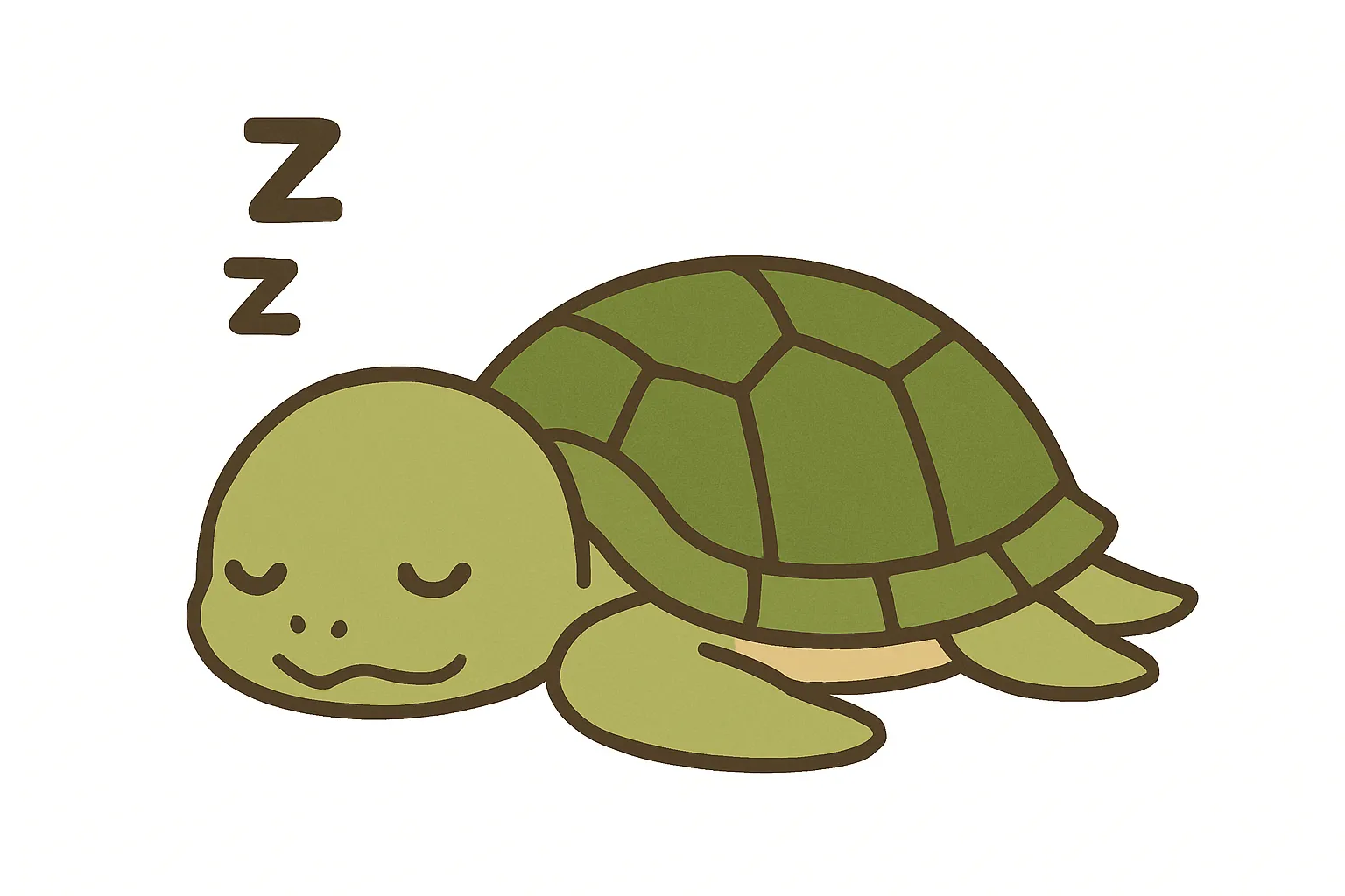 かわいい居眠りのカメ｜硬い甲羅と対照的にとろんとした寝顔のカメがほっこり癒し系。濃淡のグリーンを基調に、親しみやすく温かみのあるタッチで、自然の静けさと優しさを感じられます。
