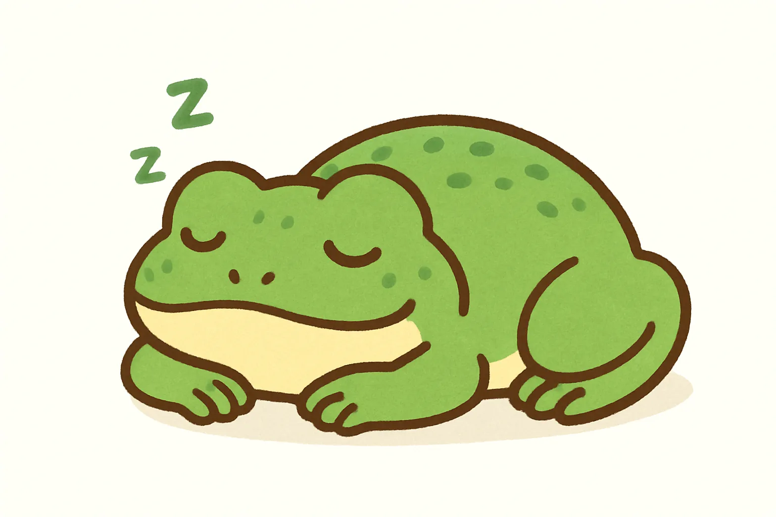 かわいい居眠りのカエル｜ふっくらした姿勢で目を閉じたカエルがリラックスして眠る様子が微笑ましい。鮮やかな緑と柔らかな線が特徴で、湿った森の中での静かなひとときを思わせる仕上がり。