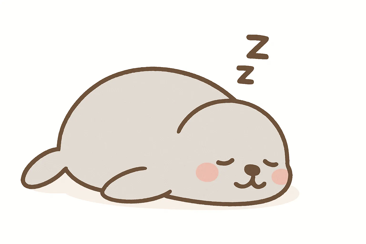 かわいい居眠りのアザラシ｜まんまるの体とピンクのほっぺがキュートなアザラシが、うとうとする癒し系イラスト。ふわっとしたタッチで、見ているだけでほっと和む雰囲気です。