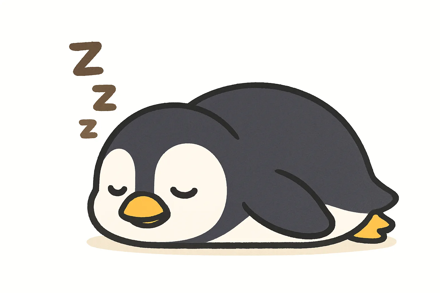 かわいい居眠りのペンギン｜まんまるなシルエットのペンギンがぺたりと伏せて寝る姿がチャーミング。モノトーンに近い落ち着いた色味とオレンジのくちばしがポイントで、寒い地域のあたたかさを感じます。
