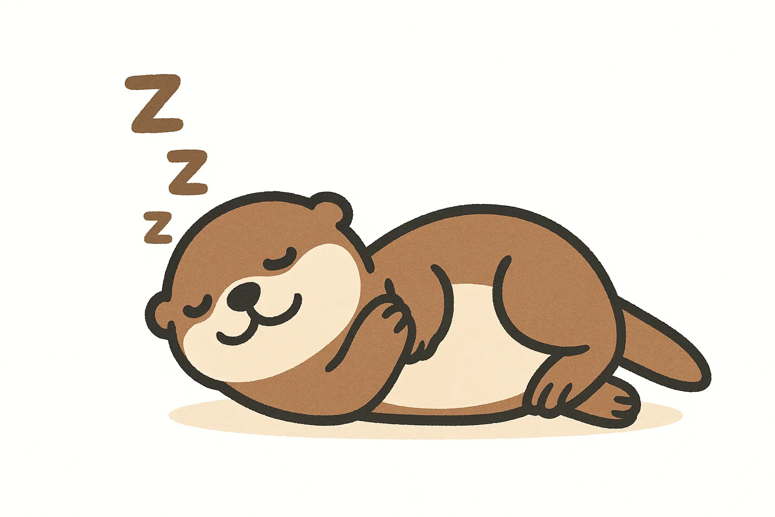 かわいい居眠りのラッコ｜片腕を胸に抱えて横になるラッコのポーズがユニークでかわいいイラスト。やさしいブラウンと白の配色でふわふわ感が際立ち、やすらぎに満ちた世界観が魅力です。