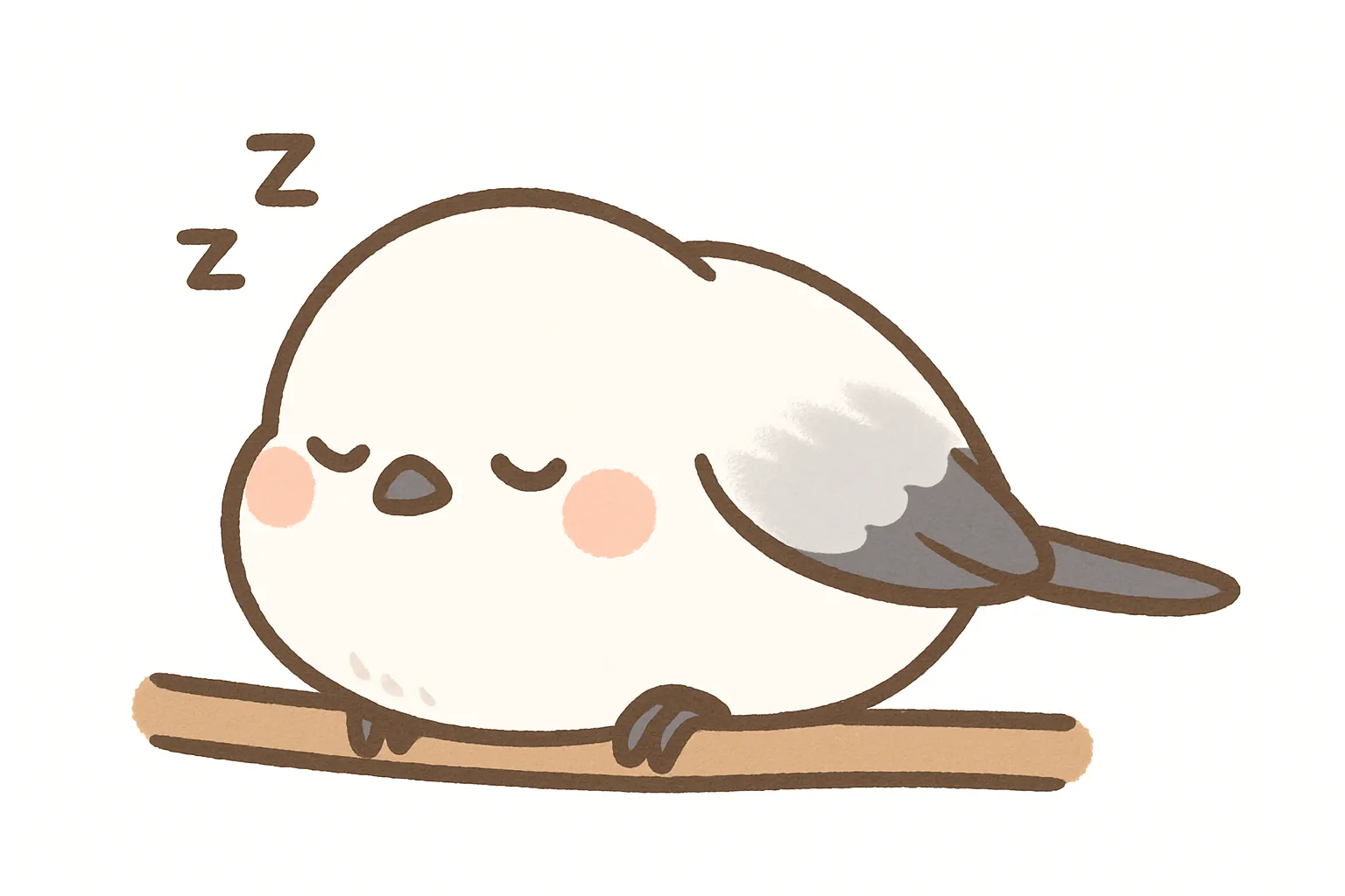 かわいい居眠りのシマエナガのイラスト｜枝に止まって眠るシマエナガが、白とグレーの柔らかなタッチで表現され、頬の赤みが愛らしさを引き立てます。冬の静けさやあたたかさを感じる、繊細で可憐な仕上がりです。