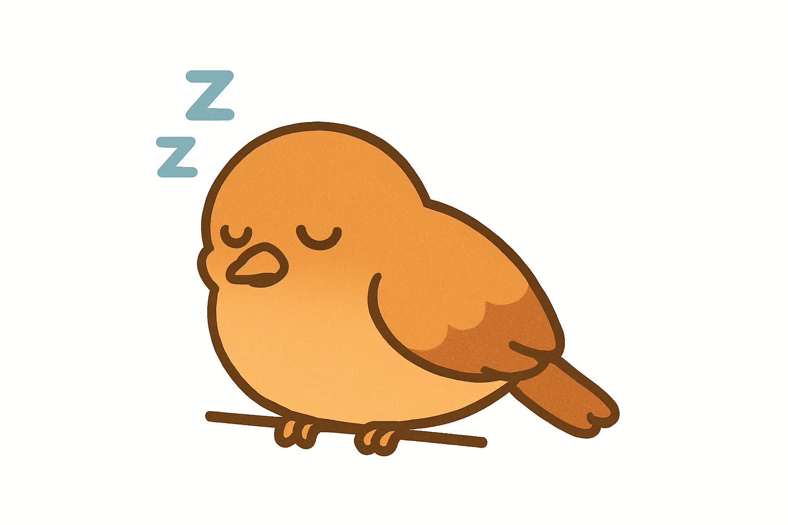 かわいい居眠りの小鳥｜ぽてっとした体で枝にちょこんととまりながら眠る小鳥。あたたかみのあるオレンジ系カラーがやさしい空気を生み、シンプルながらも自然なぬくもりを感じるイラストです。