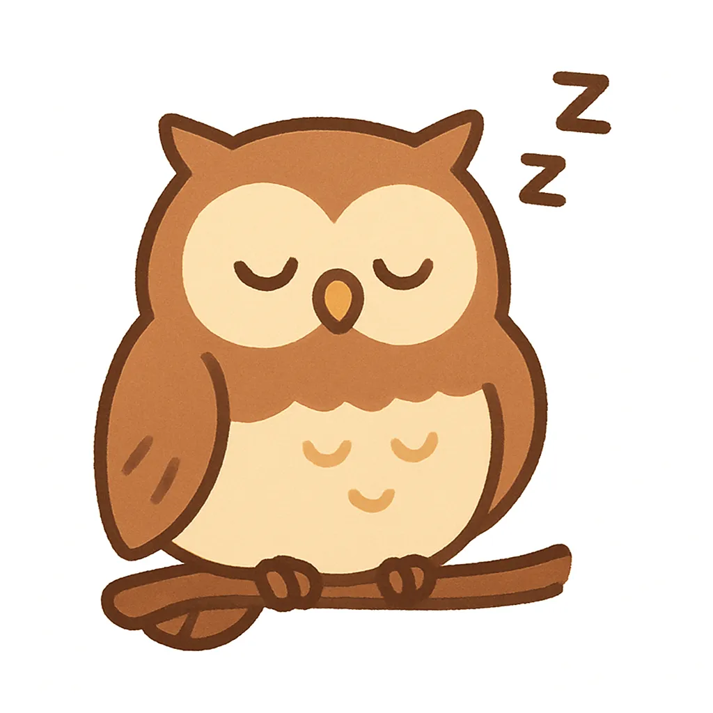 かわいい居眠りのフクロウ｜丸くて存在感のあるフクロウが、枝にとまりながらウトウト。ブラウンを基調としたナチュラルな配色と、ちょっととぼけた表情がほっこりとした森の雰囲気を伝えます。