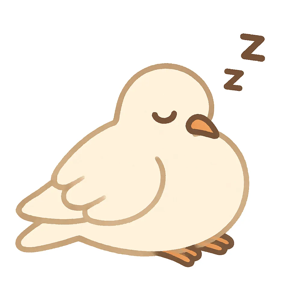 かわいい居眠りのハト｜ふっくらとしたシルエットのハトがちょこんと座り、目を閉じておだやかに眠る姿が印象的。生成りに近いやさしい色使いで、落ち着いた平和な空気をまとったデザインです。