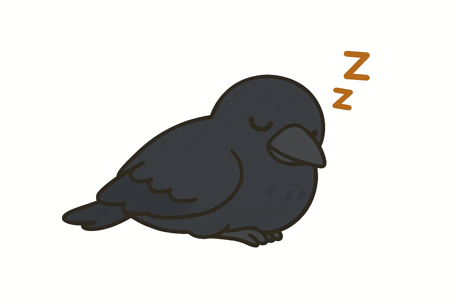 かわいい居眠りのカラスのイラスト｜真っ黒なカラスが目を閉じて静かに眠る様子を、やさしい線とシンプルな色合いで表現。無防備ながらも落ち着いた雰囲気が漂い、穏やかな眠りの世界へ誘ってくれるデザインです。