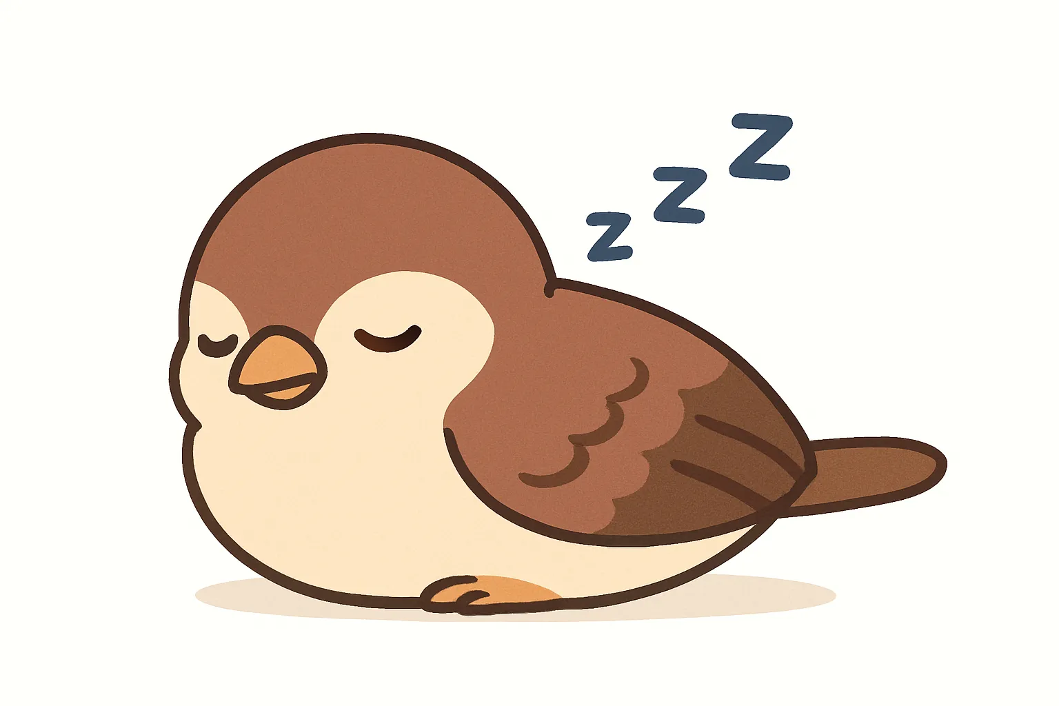 かわいい居眠りのスズメのイラスト｜ふっくら丸まったスズメがうとうとする姿を、柔らかなベージュと茶色で描写。小さな羽の模様や足元の影が優しさを引き立て、日向でお昼寝しているような温もりを感じるイラストです。