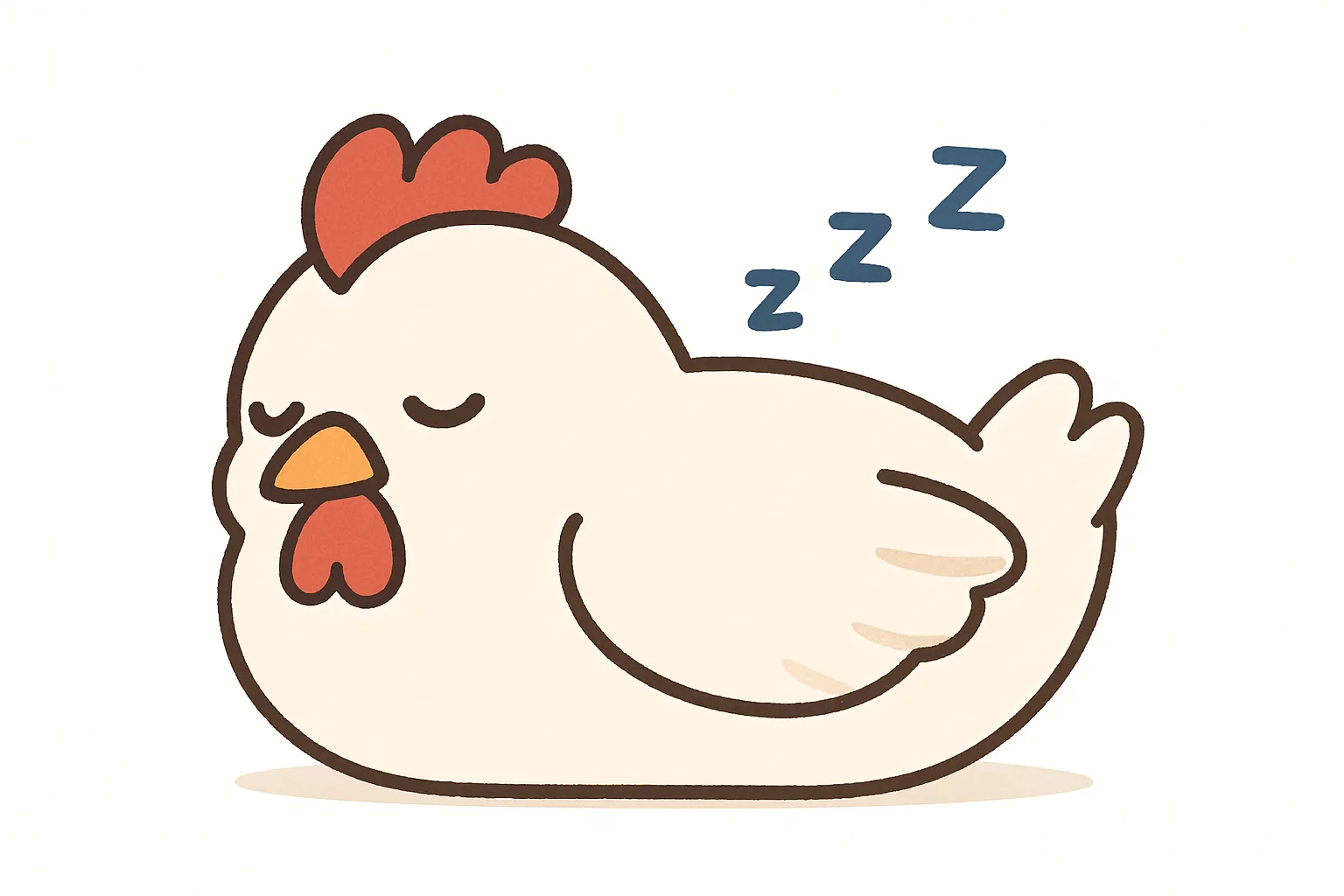 かわいい居眠りのにわとりのイラスト｜眠っているにわとりが丸くなったフォルムで表現され、赤いトサカやふわっとした羽毛がアクセントに。親しみやすくコミカルなタッチが、牧場の平和な昼下がりを連想させます。
