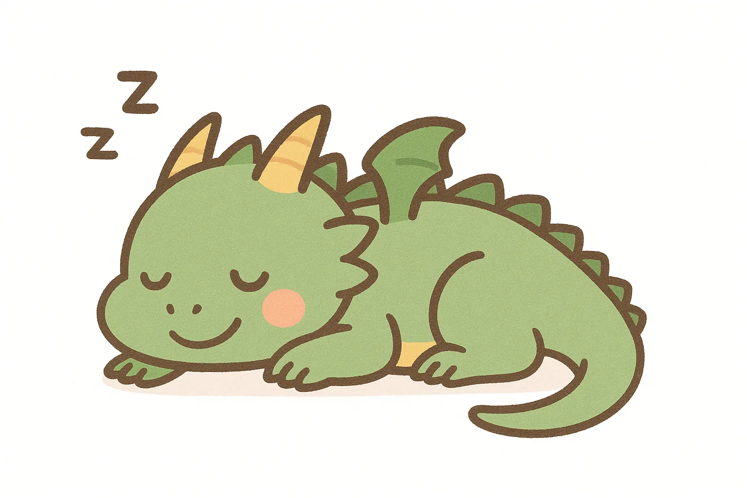 かわいい居眠りのドラゴンちゃん｜優しい緑色のドラゴンが、手を枕にして安心したように眠っている姿が印象的。丸みのあるフォルムと淡い色使いで、親しみやすさと癒しを与えるキュートなイラストです。