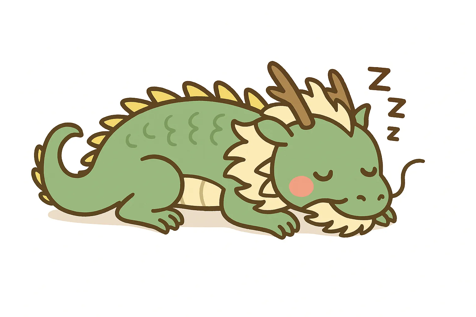 かわいい居眠りの龍のこども｜もじゃもじゃのたてがみとつのが特徴的な龍のこどもが、くるんと尻尾を丸めて眠る姿が可愛らしい一枚。柔らかな色合いと丸いラインが幻想的であたたかみのある雰囲気を演出します。