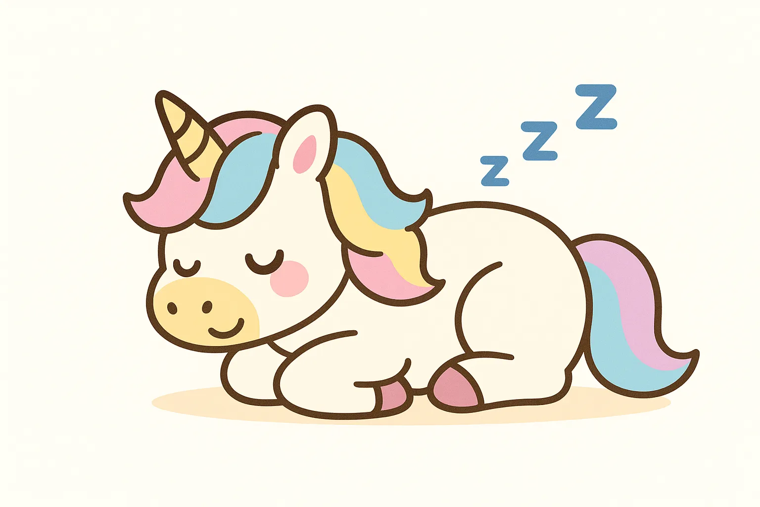 かわいい居眠りのユニコーンさん｜虹色のたてがみとしっぽが印象的なユニコーンが、ほほえみながらぐっすりお昼寝。ミルキーな色合いとパステル調の彩色が夢の世界のようなファンタジックな印象を醸し出しています。