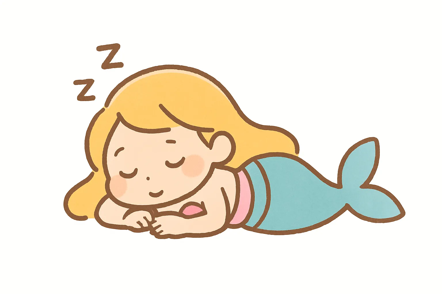 かわいい居眠りの人魚ちゃん｜金髪とエメラルド色の尾ひれを持つ人魚が、両手を枕にして海底で心地よく眠る姿。淡い配色と優しい表情で、見ているこちらまで穏やかな気持ちになるような絵柄です。