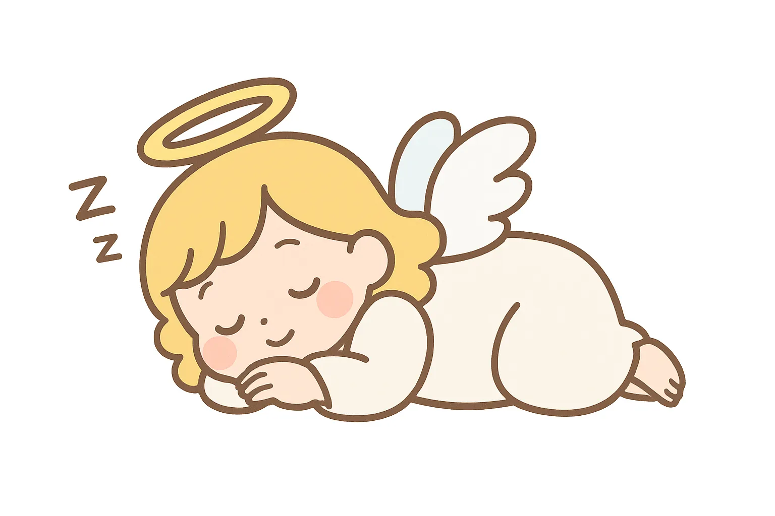 かわいい居眠りの天使の子｜天使の輪と小さな翼がチャームポイントの天使の子が、くるんと丸まって幸せそうに眠る姿。白を基調とした柔らかな配色と優しい線画が、清らかで神秘的な空気を漂わせています。