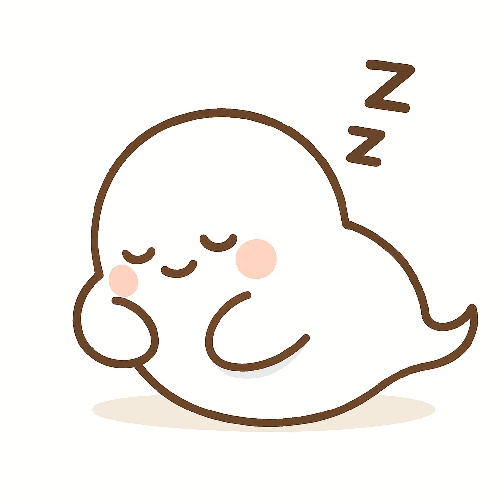 かわいい居眠りのおばけのイラスト｜ぽってり丸いシルエットのかわいいおばけが、うとうと居眠りしている姿を描いたイラスト。太めの輪郭線とピンクほっぺで優しさと安心感を表現。背景は白でシンプルに、柔らかく癒やされるデザイン。