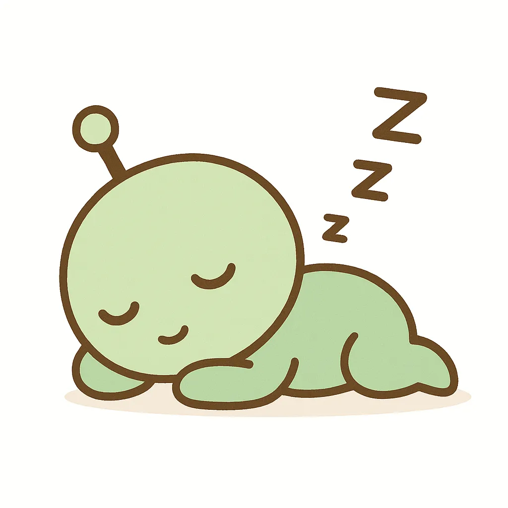 かわいい居眠りの宇宙人のイラスト｜黄緑の宇宙人がすやすやと寝そべる姿を描いた、ファンタジー感あふれるかわいいイラスト。丸い頭にアンテナ、シンプルな表情で異世界でもほのぼの感満点。子ども向けデザインにもぴったり。