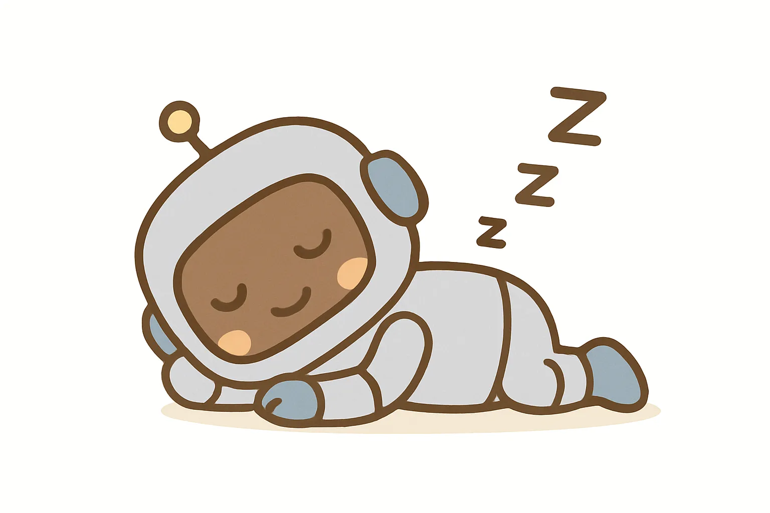 かわいい居眠りのロボットのイラスト｜宇宙服を着たロボットが、地面にごろんと寝そべって眠る姿を描いたかわいいイラスト。水色とグレーの柔らかい配色に、やさしい線と表情でほっこりした未来感を演出。癒し系のタッチが魅力。