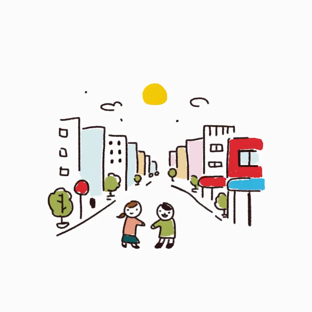 かわいい社会と街の風景｜カラフルなビルが並ぶ街の中で、楽しそうに過ごす子どもたちを描いたイラスト。柔らかい線と明るい色使いが、かわいい社会における都市の温かみや活気を表現している。