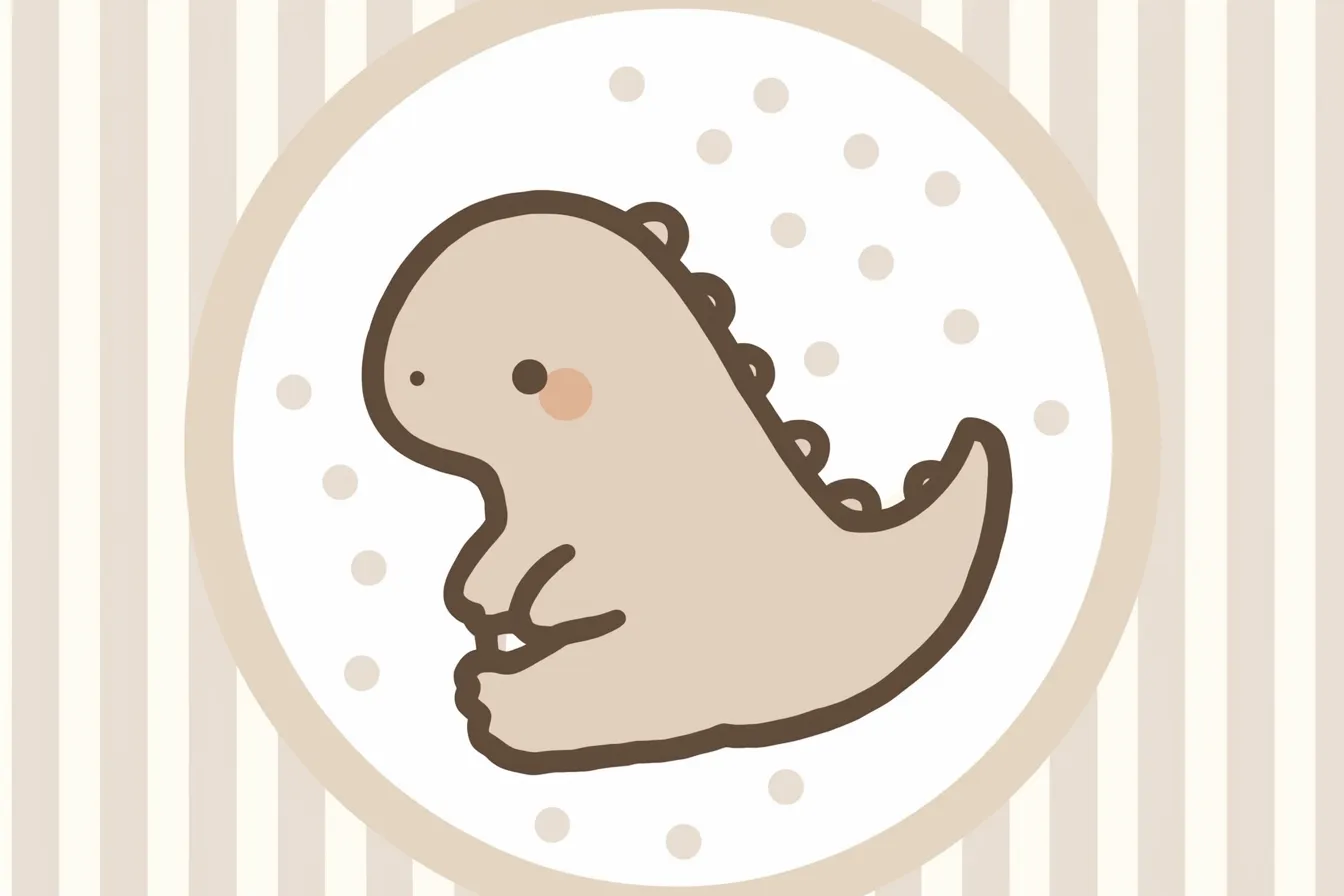 かわいいスピノサウルスのミニキャラ風デザイン｜小さくデフォルメされたスピノサウルスが、シンプルながらも温かみのあるイラストに仕上がっている。優しい色調がかわいい雰囲気を演出している。
