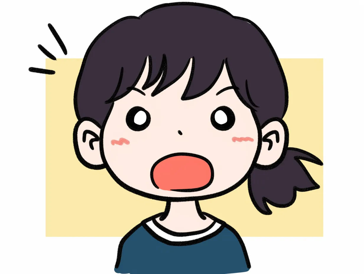 かわいい驚き顔の女の子９｜黒髪のポニーテールが特徴的な女の子。背景に黄色のブロックが配置され、くっきりとした線で描かれた可愛い驚き顔が、明るく元気な印象を与えている。