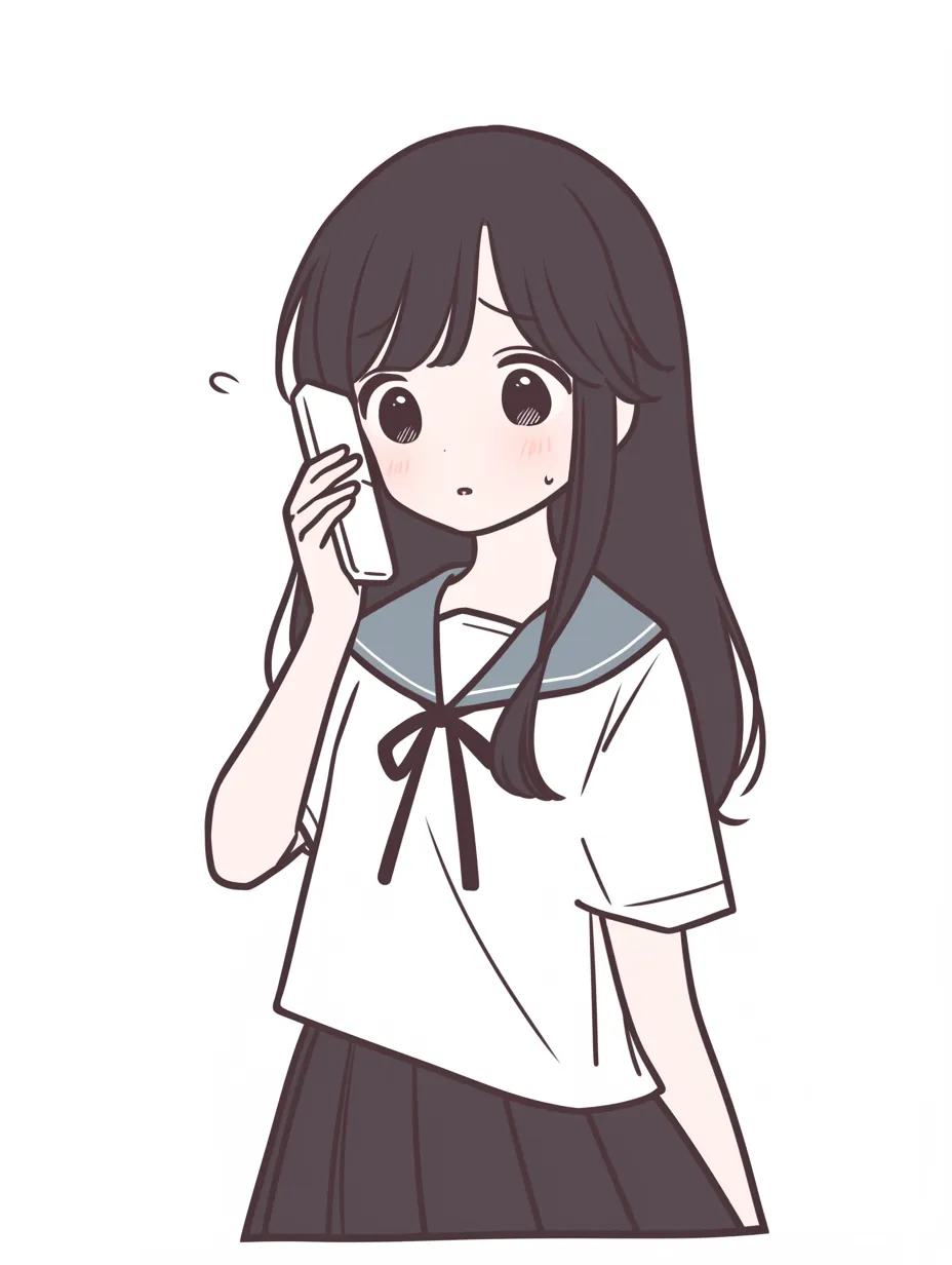 かわいい電話をするセーラー服の少女｜セーラー服を着た少女が、少し緊張した様子で電話をしているイラスト。柔らかな色合いと繊細な線が、清楚で可憐な雰囲気を際立たせている。