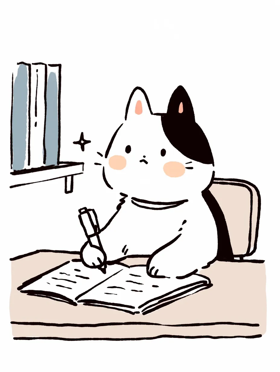 かわいいテストを頑張る猫｜シンプルで洗練されたタッチのイラスト。白黒の猫がテストの答案を一生懸命書いており、かわいいテストの雰囲気を演出している。背景には本棚があり、勉強に取り組む姿がほのぼのとした雰囲気で描かれている。