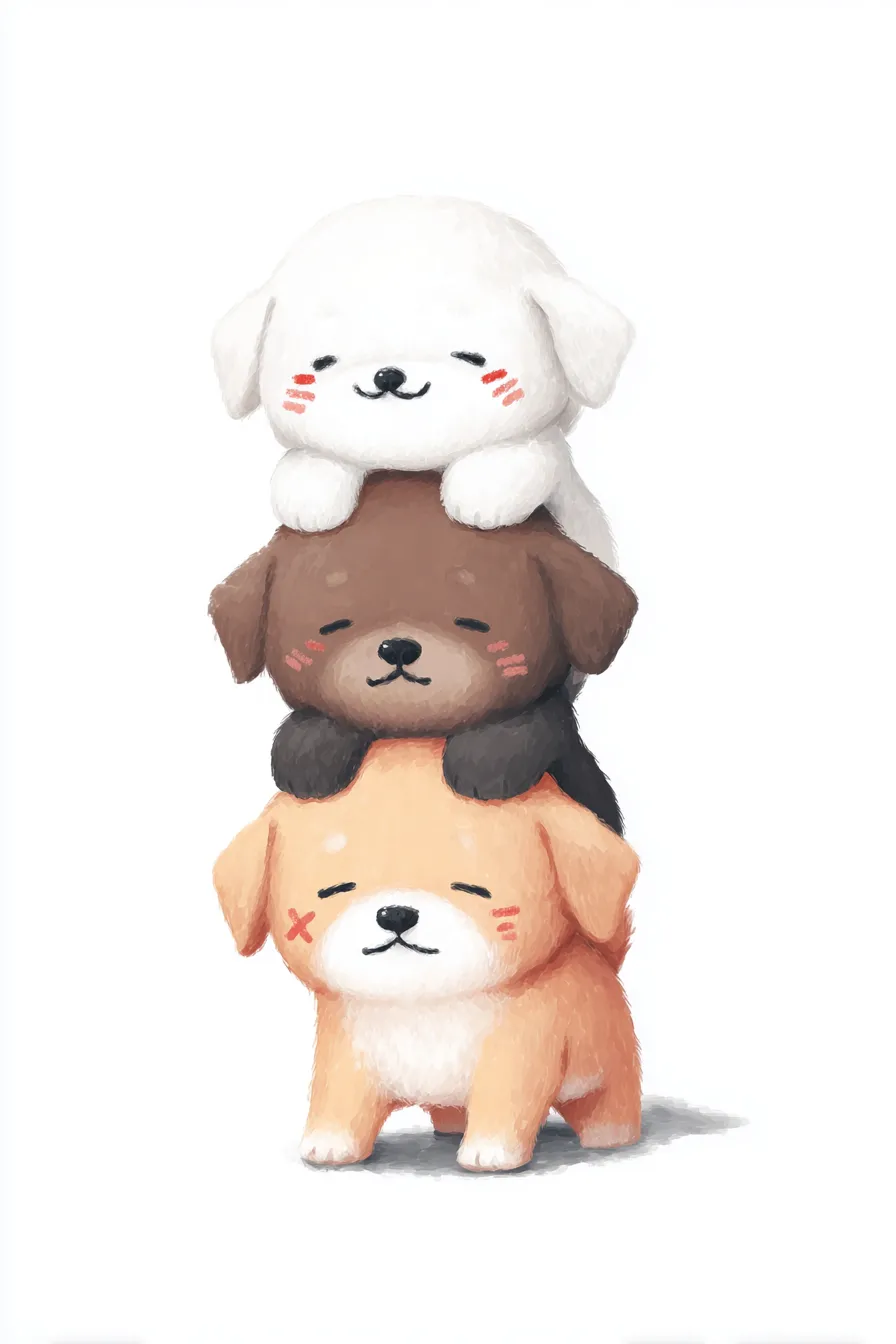 かわいい縦三段の子犬｜ふわふわ質感の子犬たちが縦に重なった姿はぬいぐるみのようで、まるで夢の中のワンシーン。やさしい色調とにじんだほっぺが、かわいい縦三段の子犬のあどけなさを引き立てています。