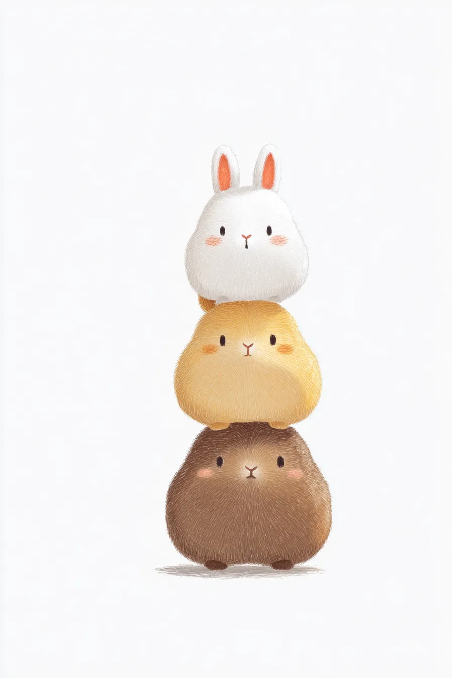 かわいい縦三段のうさぎ｜丸みのあるシンプルなフォルムと繊細な毛並み表現が魅力のうさぎたちが縦に重なった構図。淡く優しい色合いが癒しを誘うかわいい縦三段の雰囲気を演出しています。