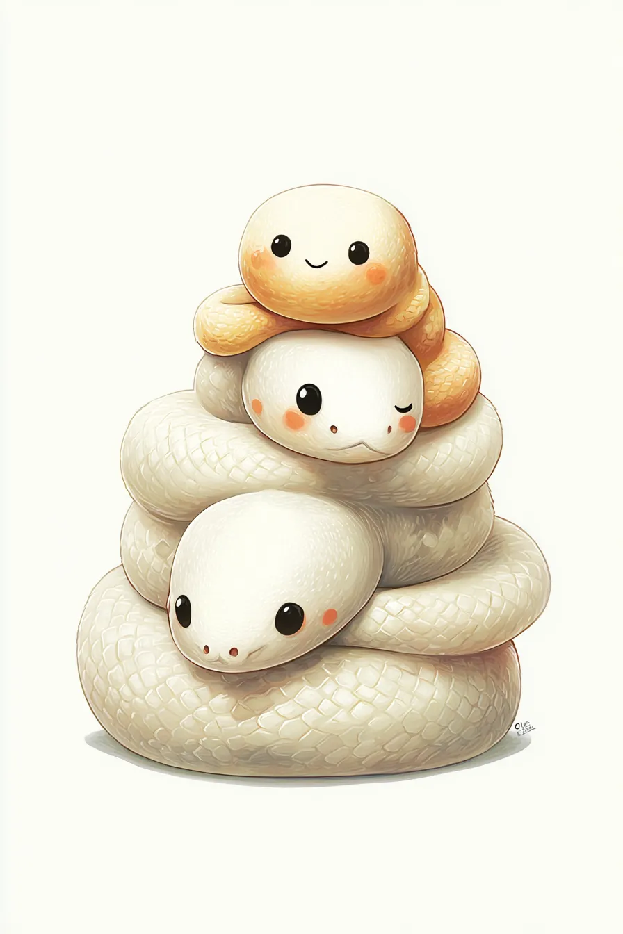 かわいい縦三段の白蛇｜純白の体にほのかな陰影とツヤをまとった白蛇たちが仲良く並ぶ、神秘的で優しいかわいい縦三段の表現。丸いフォルムとにっこり笑顔が安心感を生み出します。