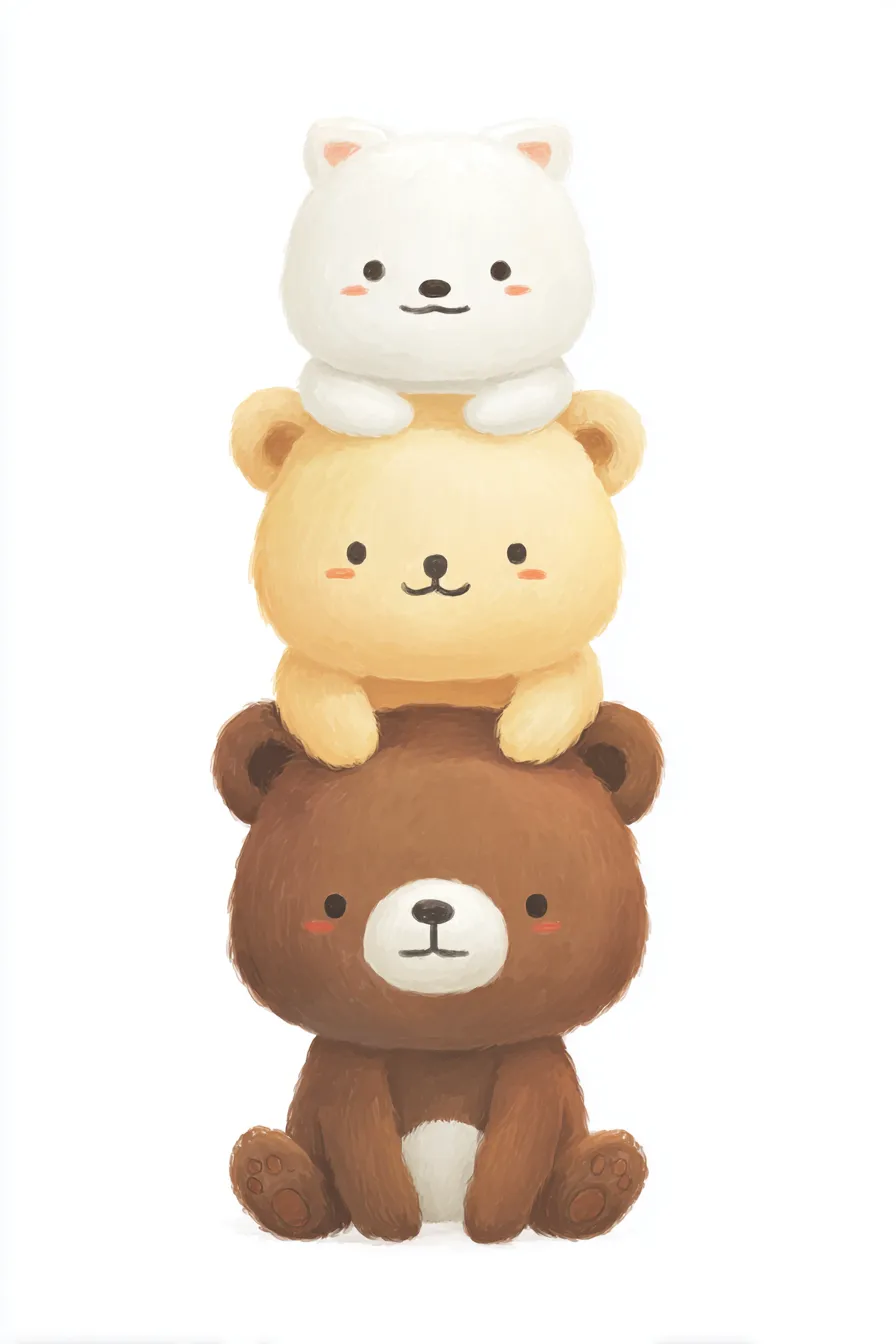 かわいい縦三段のくま｜手描き風のブラシタッチと温もりある色合いで描かれたくまたちが仲良く並ぶデザイン。見ているだけでほっとする、やわらかなかわいい縦三段の魅力に包まれます。