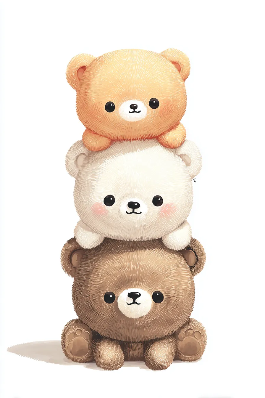 かわいい縦三段のテディベア｜ぬいぐるみのような質感とつぶらな瞳が印象的なテディベアたちが寄り添う、愛情たっぷりのかわいい縦三段の構図。やわらかな毛並みが魅力的です。