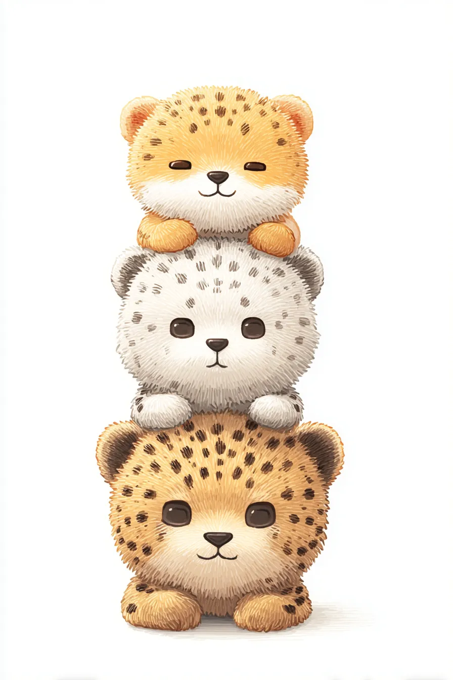 かわいい縦三段のチーター｜毛並みの繊細な描写と異なるカラーの組み合わせで構成されたチーターの三段重ね。野性味と愛らしさが共存するかわいい縦三段のタッチです。