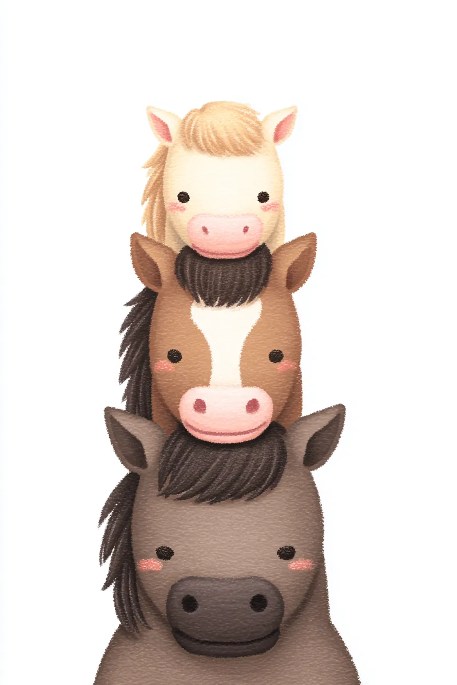 かわいい縦三段の馬｜毛並みの色が異なる3頭の馬が仲良く縦に並んだデザイン。丸みを帯びたフォルムと柔らかな表情が穏やかで優しいかわいい縦三段の印象を与えます。