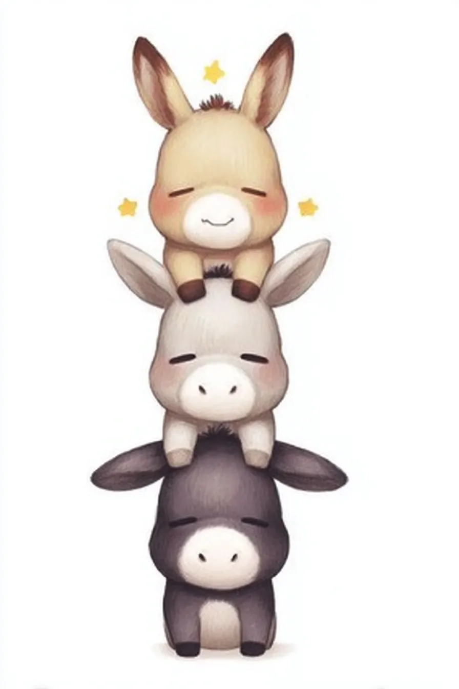 かわいい縦三段のロバ｜眠たげな目元とコロンとしたフォルムが魅力的なロバの三段積み。星のエフェクトがアクセントになった、癒し系のかわいい縦三段の構図です。