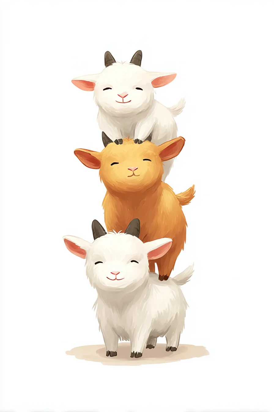 かわいい縦三段のやぎ｜ふわふわとした手描き風の質感で描かれた3匹のやぎが、バランスよく縦に重なった姿が微笑ましい構図。かわいい縦三段のやぎたちが穏やかな雰囲気を放ち、見る人の心を和ませます。
