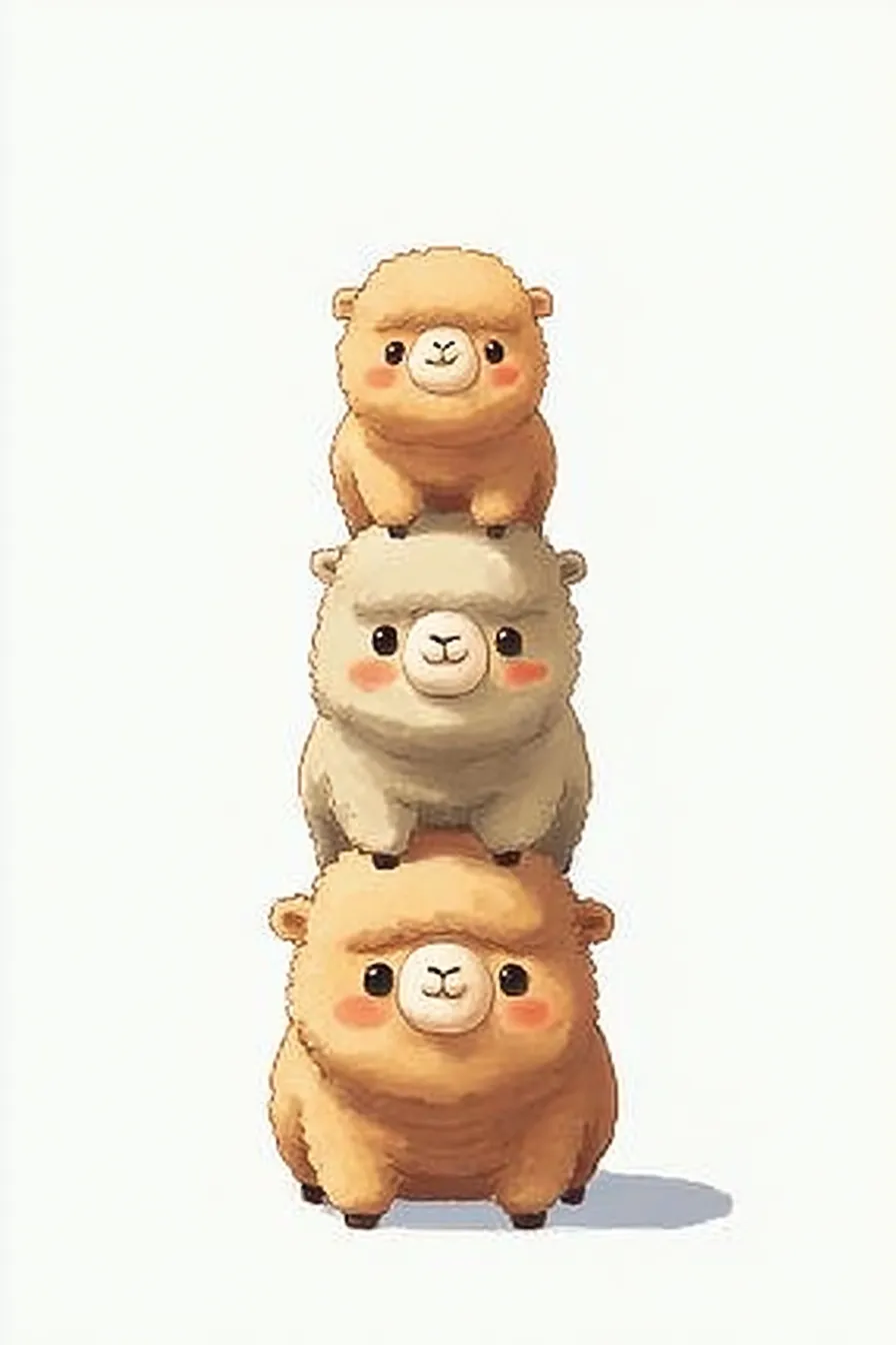 かわいい縦三段のラクダ｜コロンと丸いフォルムの3匹のラクダが積み木のように重なり合い、落ち着いた色合いでやさしい世界観を演出。かわいい縦三段のラクダが表情豊かに描かれ、どこかユーモラスな空気を漂わせています。