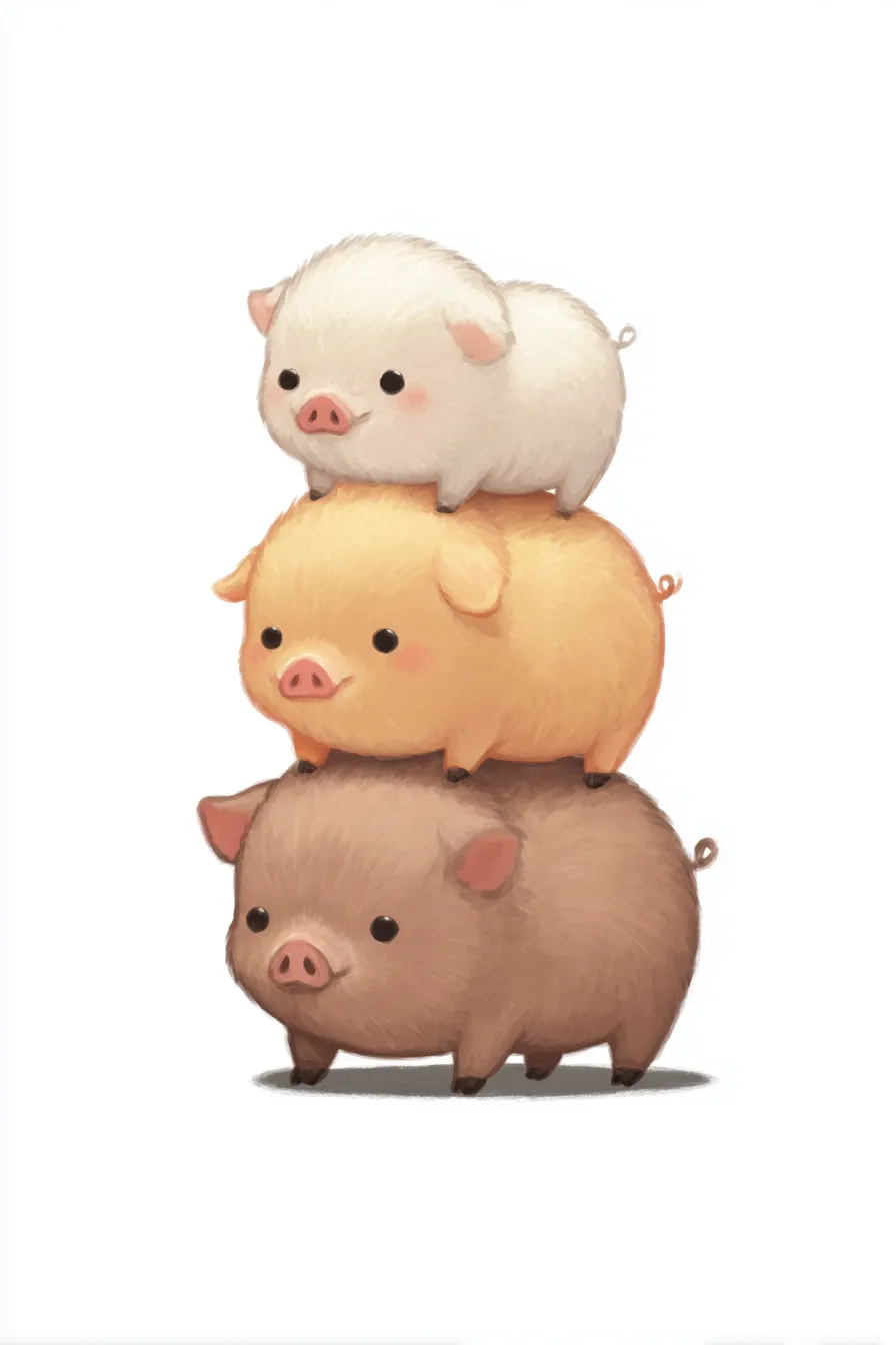 かわいい縦三段のぶた｜上にいくほど小さくなる3匹のぶたが優しい色味で描かれ、ころんとした体つきが一層キュートに際立ちます。かわいい縦三段のぶたが仲良く重なる様子は、親しみやすく心温まるビジュアルを演出しています。
