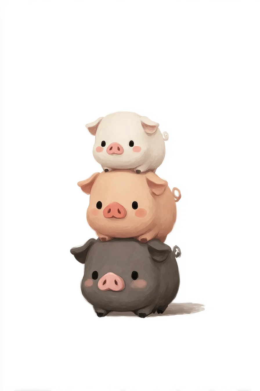 かわいい縦三段のこぶた｜白・ピンク・黒のこぶたが順番に重なり、シンプルながら愛嬌たっぷりのタッチで描かれています。かわいい縦三段のこぶたが織りなす色のコントラストが、柔らかな存在感を際立たせています。