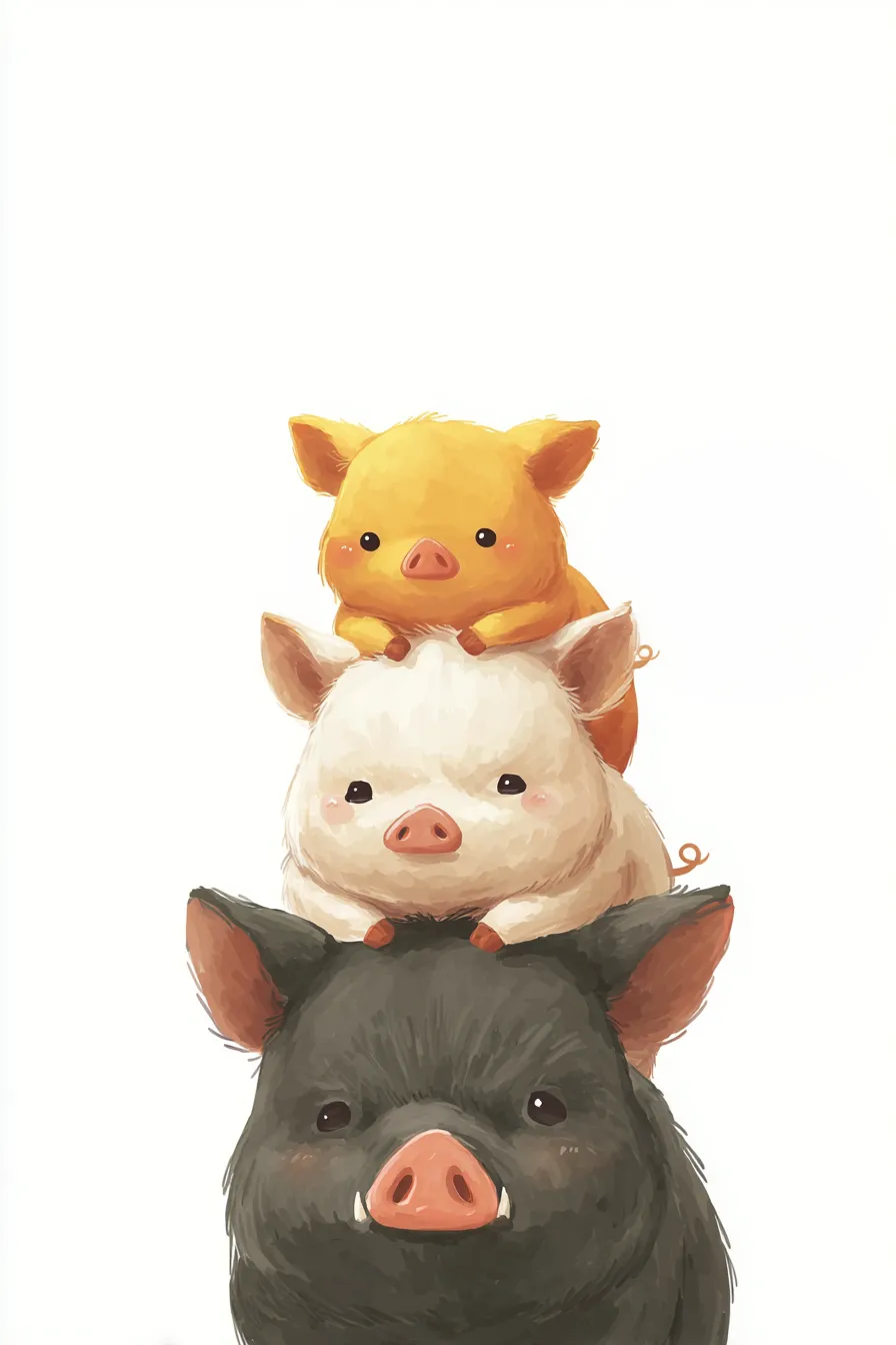 かわいい縦三段のいのしし｜黄色、白、黒と色とりどりのいのししたちが縦に並ぶ構図で、それぞれ異なる個性を感じさせます。かわいい縦三段のいのししが描かれたこのイラストは、親しみやすく温かみのある仕上がりです。