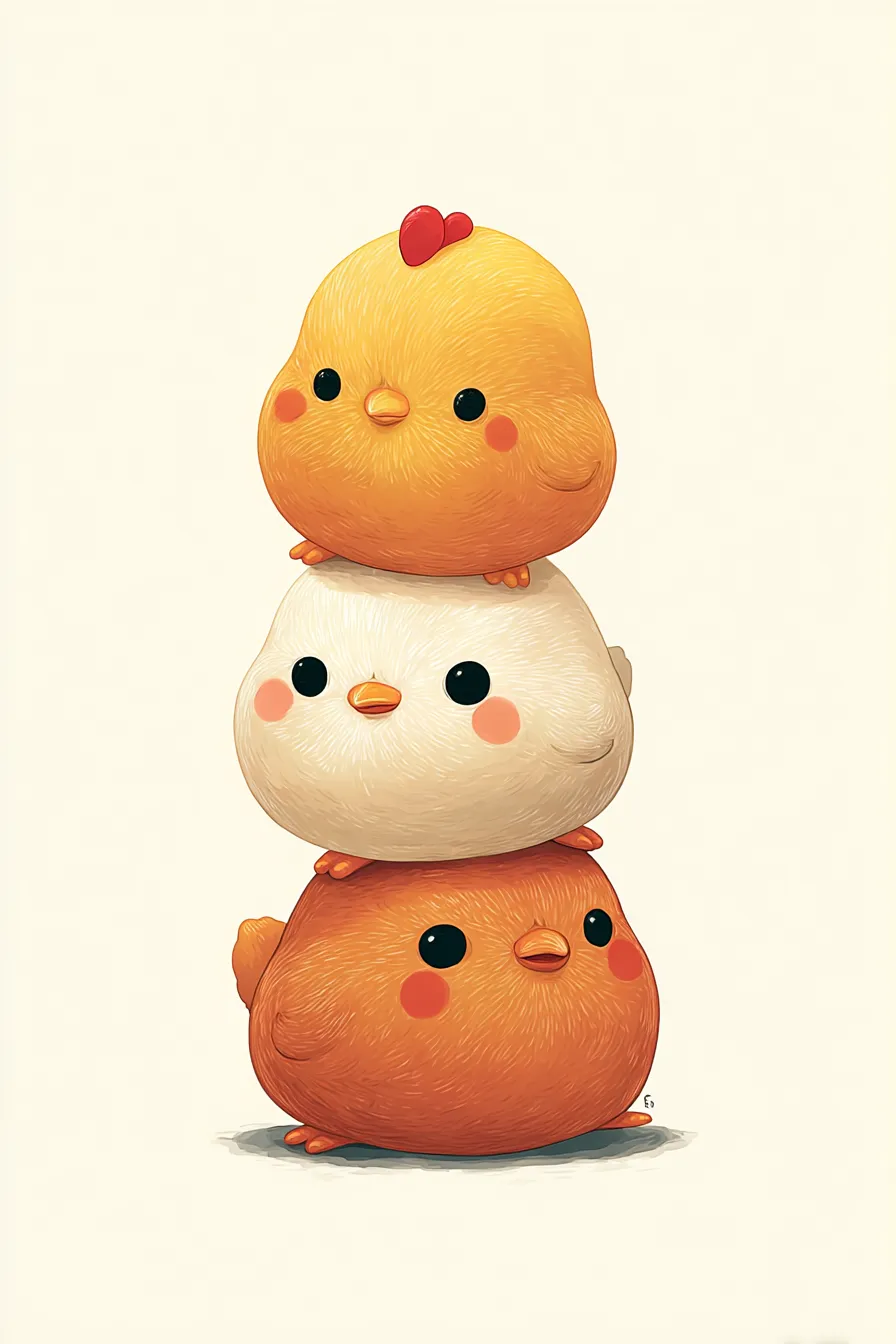 かわいい縦三段のにわとり｜「かわいい縦三段のにわとり」はひよこから成鳥までが積み重なったような構図で、鮮やかな色合いと大きな目元が印象的。ころころとした質感が全体にあたたかい雰囲気をもたらしています。
