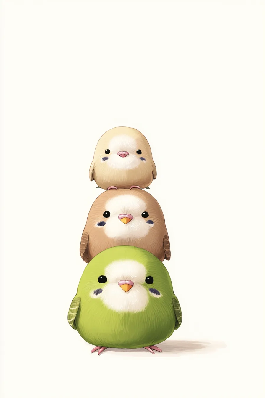 かわいい縦三段のセキセイインコ｜「かわいい縦三段のセキセイインコ」は鮮やかな緑やパステルの体色が特徴的。丸みのあるシルエットと控えめな頬の模様が個性を引き立て、明るくポップな雰囲気に満ちたイラストです。