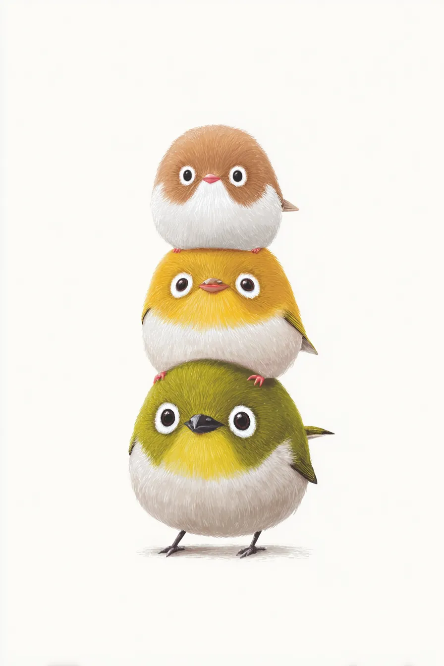 かわいい縦三段のメジロ｜ぱっちりした大きな瞳と鮮やかな緑が印象的な「かわいい縦三段のメジロ」。表情ごとに変化する羽色とコロコロした体が親しみやすく、生き生きとした森の雰囲気を感じさせます。
